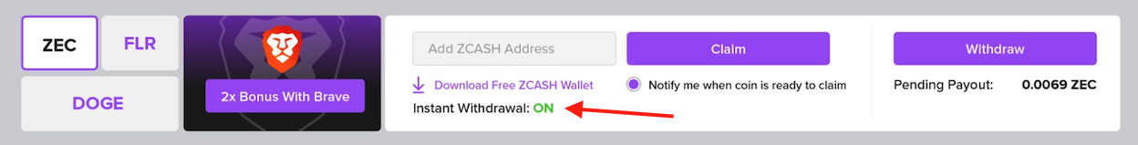 Instant Withdrawal feature on