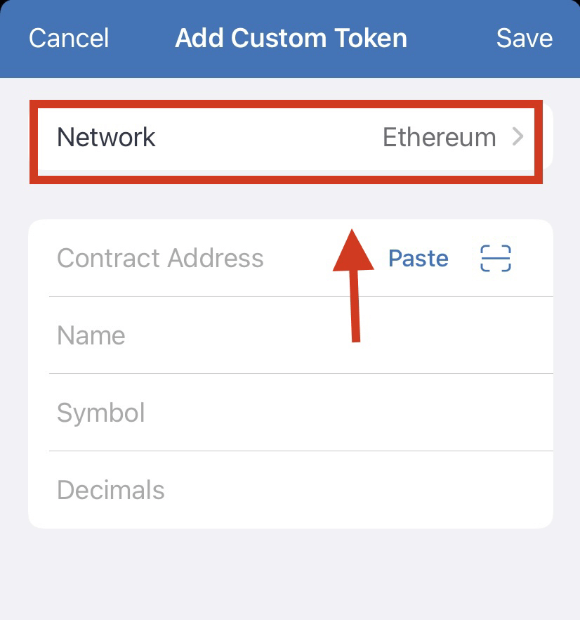 Elige la red Ethereum en la lista de tokens personalizados
